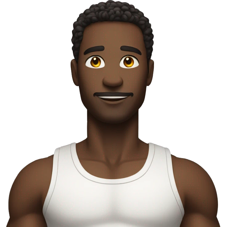 a black man wearing a white tank top standing straight with his arms raised straight up emoji
