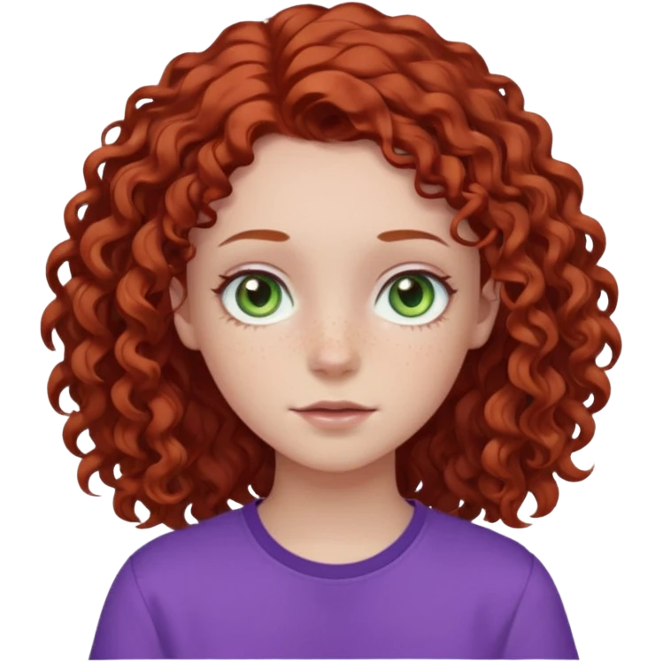 pale white teen girl with light blueish green eyes and freckles with brownish red curly middle part hair and purple shirt emoji