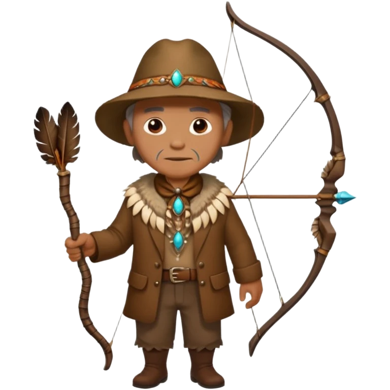 The classic image of a middle-aged uncle hunter carrying a bow, dressed in brown clothes, with some ornaments made of feathers, bones or teeth on his body. emoji