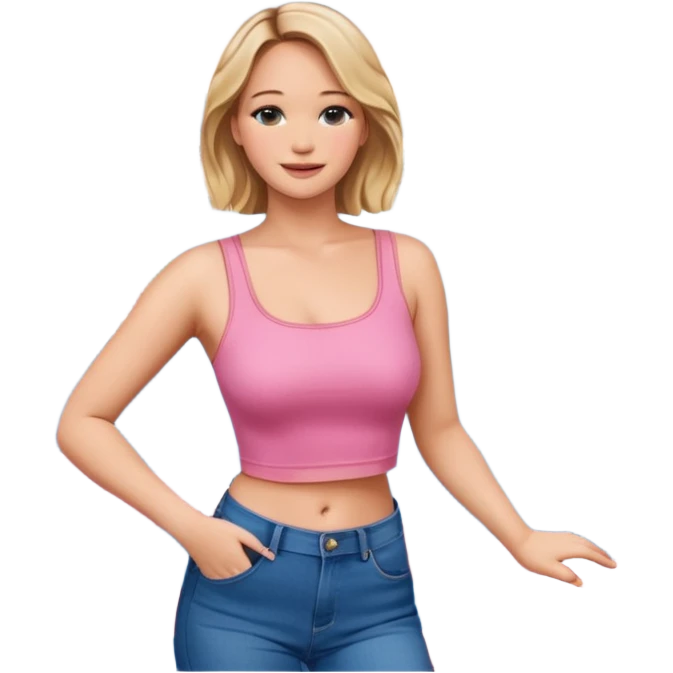 jennifer lawrence, pink crop top, and blue jeans, leaning on a balcony with a harbor and cityscape in the background, smiling emoji