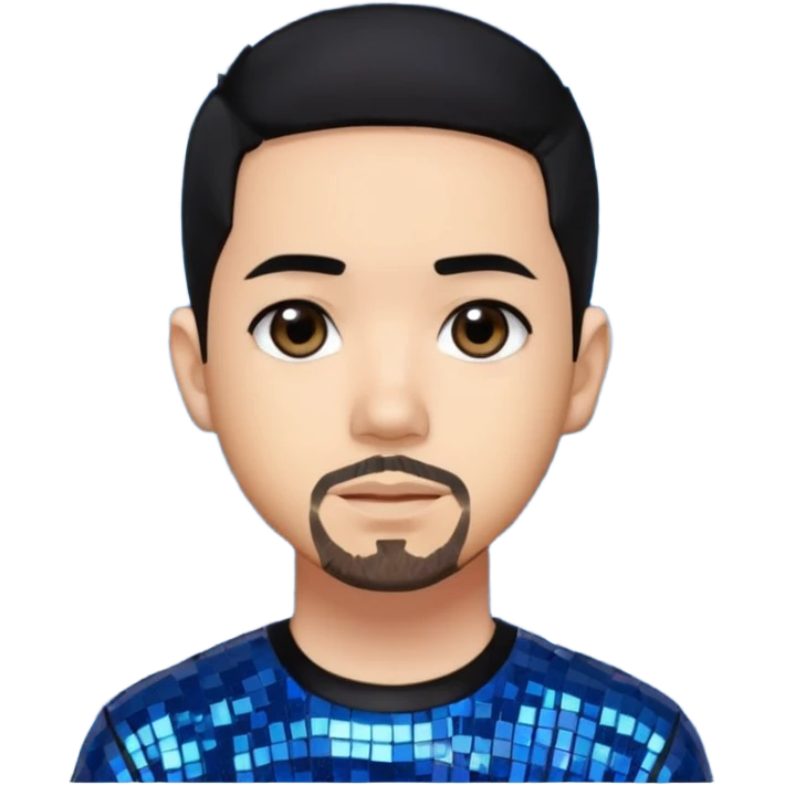 Mike Shinoda with black hair with blue highlight, black sequin shirt, brown eyes emoji