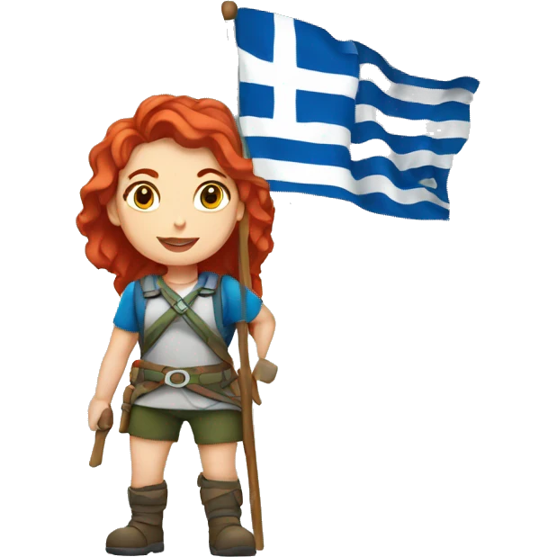 a red hair female mountaineer summitting with greek flag emoji