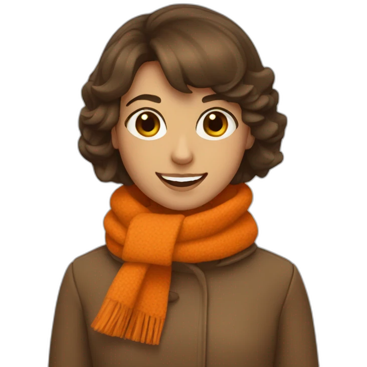 girl with a bob haircut, brown hair, orange scarf and coat, smiling emoji