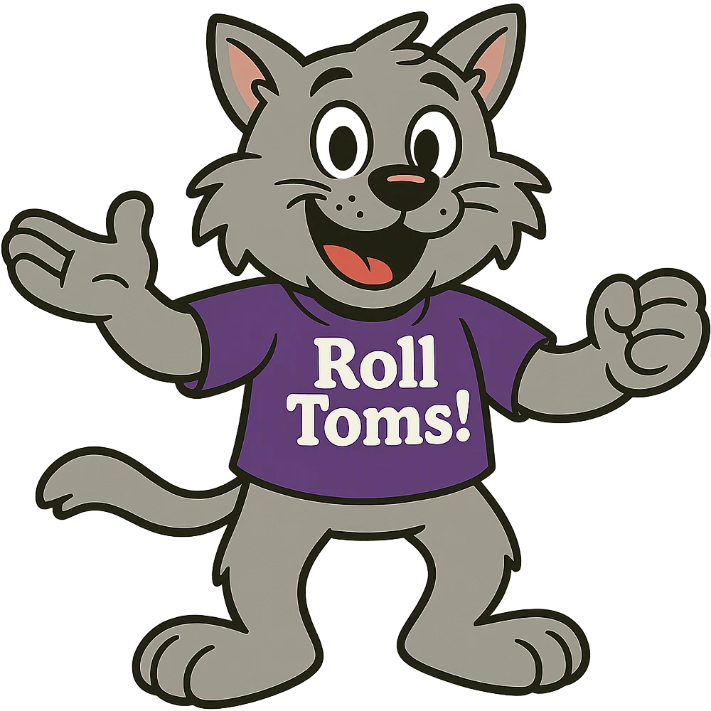 Make Tommie the Tomcat look more cartoonish in a friendly and spirited pose, keeping the purple t-shirt with 'Roll Toms!' text, no background. emoji