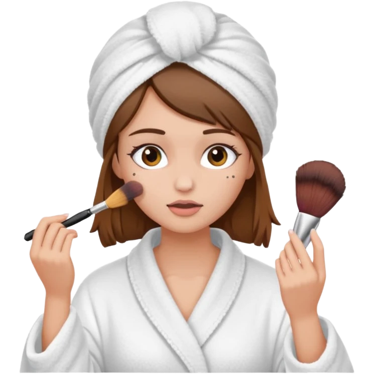 Girl with brown hair in white dressing gown and white towel wrapped in her head doing her makeup emoji