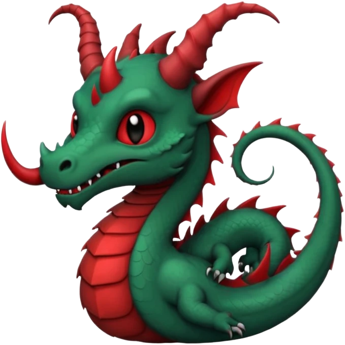 cute-but-dark dragon emoji, Burtonesque gothic illustration,  muted palette with single accent (blood red or emerald), spiral horns, simple silhouette readable at 72x72, hand-drawn texture, minimal details, round sticker composition, --ar 1:1 emoji