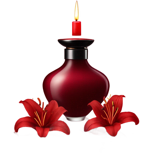 Dark red luxury perfume bottle with red lilies and a dark red candle emoji