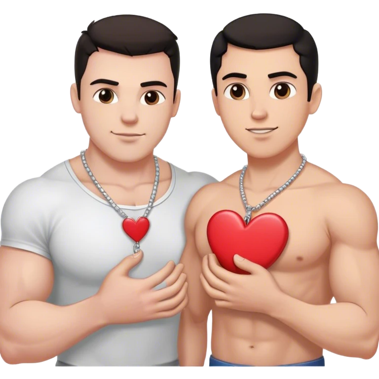 One large white muscular man with dark hair and one smaller white thin man each holding pieces of a heart shaped necklace that says best friends forever  emoji
