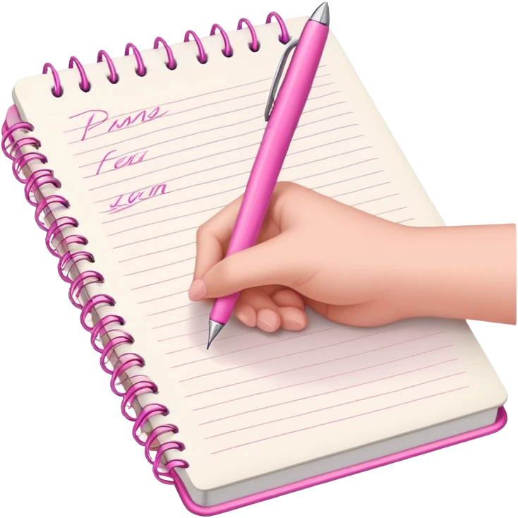 a hand writing a poem with a pink pen in a notebook emoji