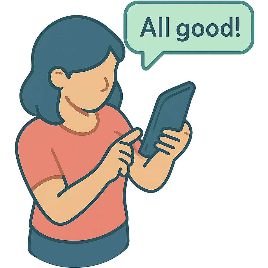 женщина печатает сообщение на телефоне - All good! emoji