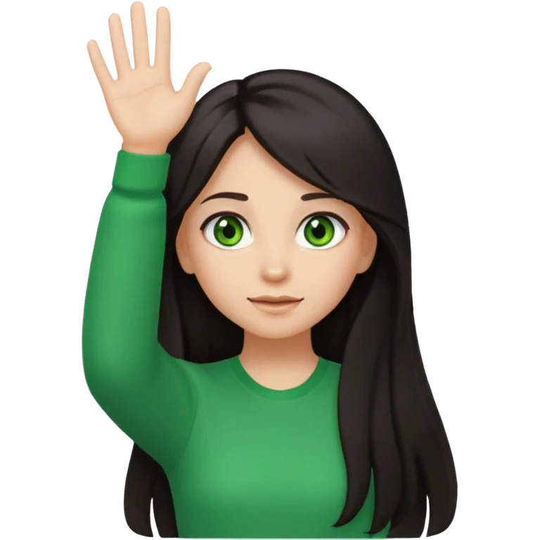 Animated girl dark long hair green eyes emoji holding right side of the head with her hand with duh facial expression  emoji