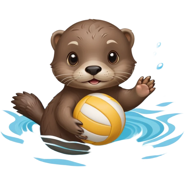 super cute baby otter floating on clearly visible blue water with waves, tiny baby otter with big eyes holding a volleyball with both small paws above water emoji