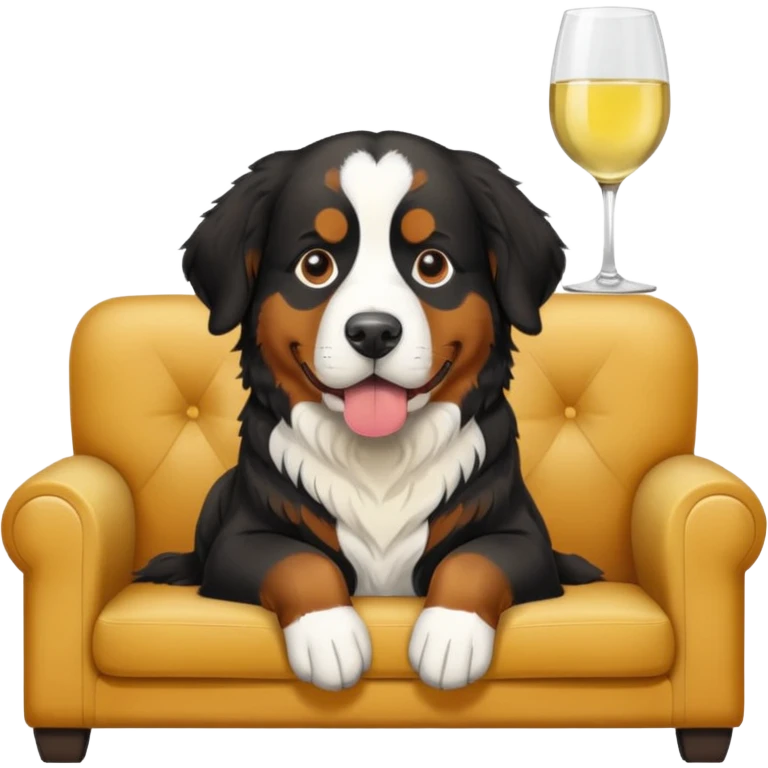 Bernese mountain dog  with one half face white sitting on couch with white wine  emoji