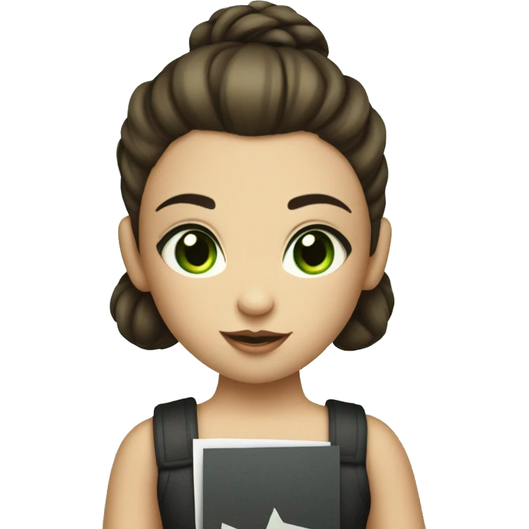young girl with brunette hair tied up in a high bun and brunette hair, light green eyes  is holding a sign with a big 10 emoji