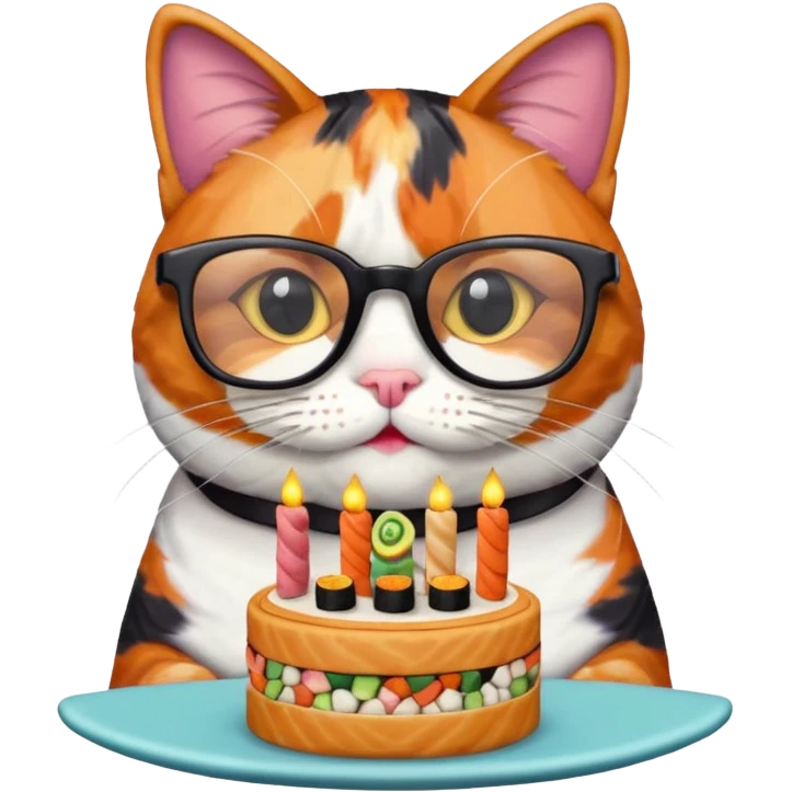 cat with cool square glasses eating a birthday cake made out of sushi emoji