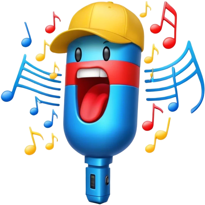 Create a dynamic and energetic emoji that represents beatboxing. The design should feature a microphone with a singing mouth and soundwaves or rhythmic beats emanating from it, symbolizing the vocal percussion and rhythm of beatboxing. Add a cap placed on top of the microphone to reflect street culture and the individuality of the performer. Include musical notes floating around to emphasize the musicality. Use bold, vibrant colors like neon blue, red, and yellow to convey energy and excitement. The background should be transparent. emoji