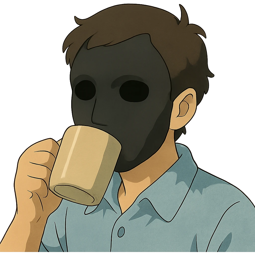 ghibli style man's face with a black full mask drinking coffee emoji