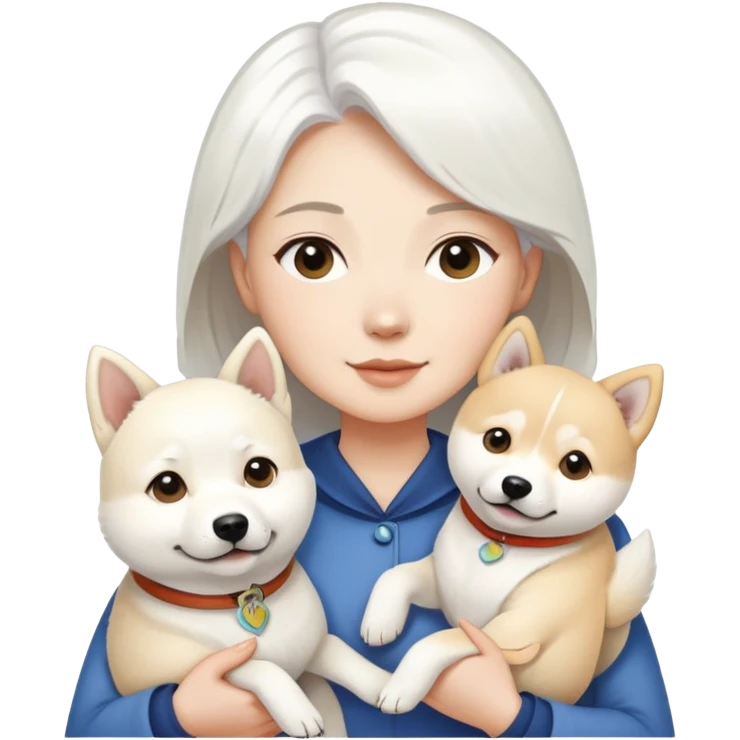 A white-haired woman holding a white Labrador and a white Shiba Inu emoji