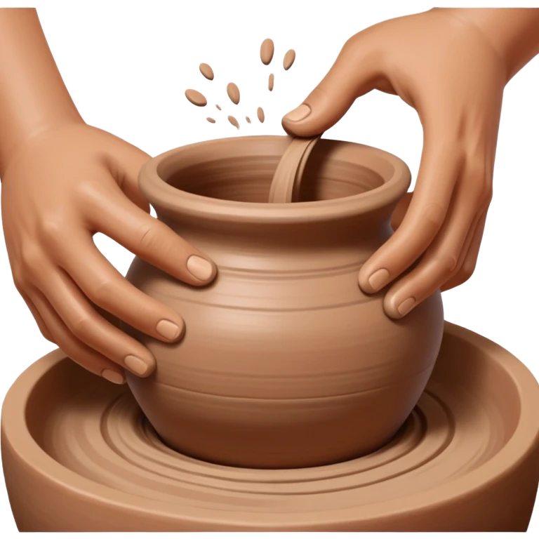 Hands making pottery, one hand inside clay vessel, one hand outside, pinching and lifting clay on a spinning pottery wheel emoji