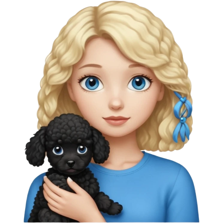 blonde girl with blue eyes holding black puppy poodle emoji