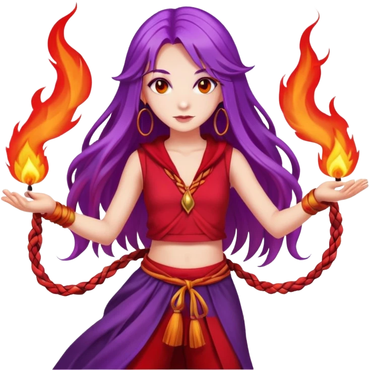 Fire poi dance, girl with long purple hair, red clothes emoji