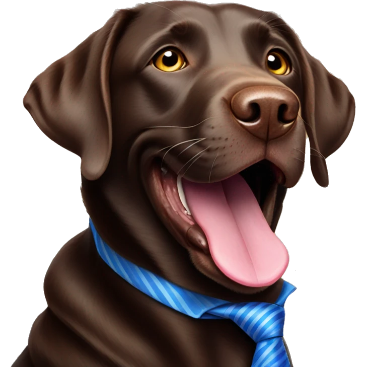 adult chocolate labrador smiling tongue out with a blue tie on  emoji
