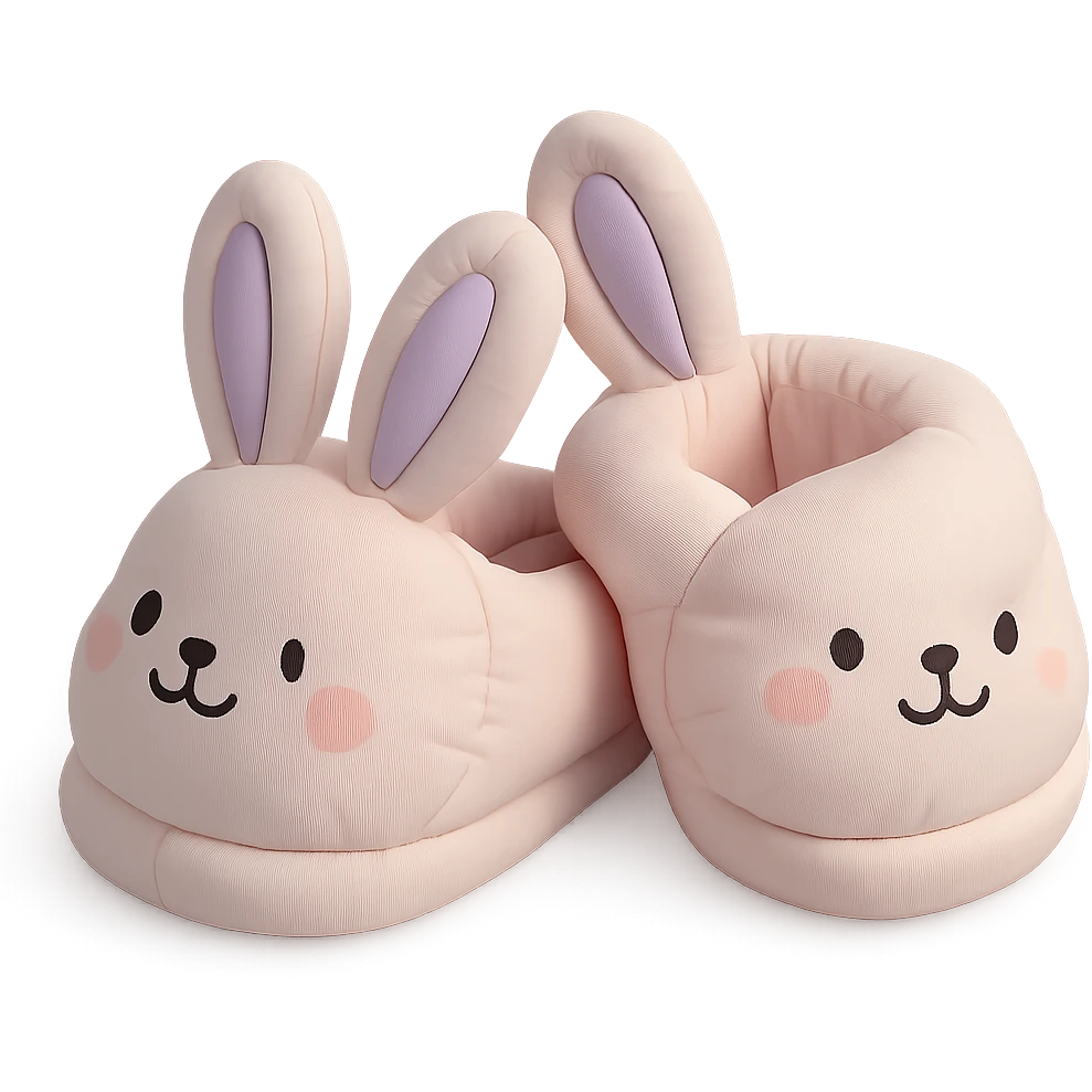 illustration of bunny slippers, soft and plush, pastel colors, cute faces, cushion style emoji
