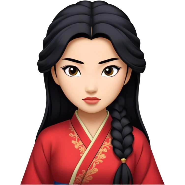 Cinematic Realistic Mulan Portrait, depicted with lifelike skin texture, soft natural lighting, and intricately detailed long black hair styled elegantly. Her deep, expressive eyes exude determination and grace, complemented by a serene yet confident expression. She is dressed in her classic attire, with rich fabric textures and delicate folds that catch the light beautifully. The portrait features a soft, enchanting glow with a natural, radiant finish, capturing the essence of timeless strength and beauty in a realistic and painterly style, evoking a sense of depth and authenticity. emoji