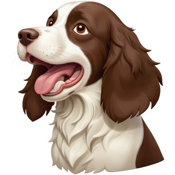 Cinematic Cute Yawning Springer Spaniel Portrait Emoji, Head tilted slightly with a dramatic, wide-open yawn, showcasing a smooth Fur of liver and white with crisp markings, floppy ears slightly drooping, round brown eyes barely open in drowsy contentment, Simplified yet irresistibly adorable features, highly detailed, glowing with a soft, cozy glow, high shine, relaxed yet expressive, stylized with a touch of whimsy, bright and endearing, soft glowing outline, capturing the essence of a sleepy yet affectionate companion, so drowsy it feels like it could stretch right out of the screen and curl up for a nap! emoji