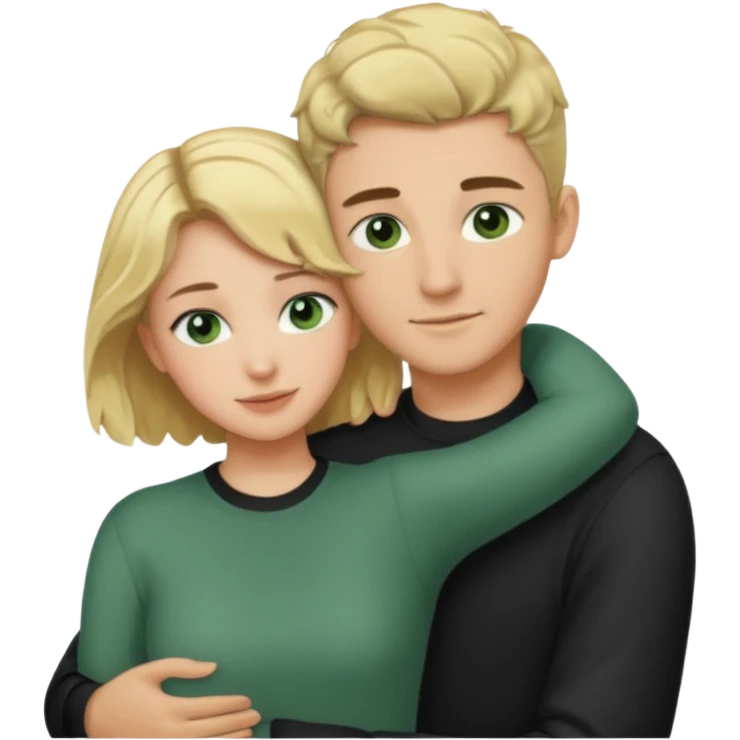 couple hugging.  girl is blonde with wavy hair. man is tall with dark hair in a crew cut. both have green eyes. both are white people. emoji