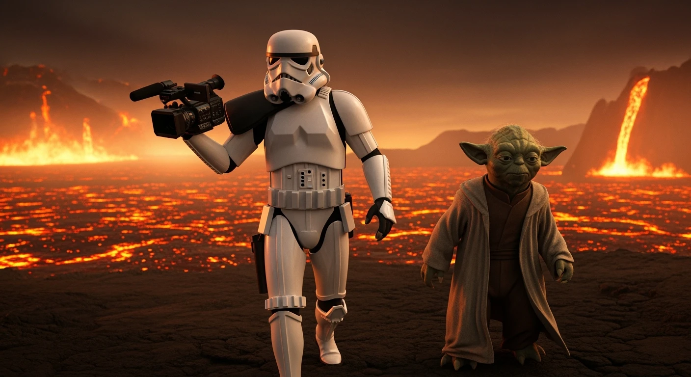 Cinematic still, Starwars stormtroopers vlogging holding camera, he is walking on lava planet with yoda emoji