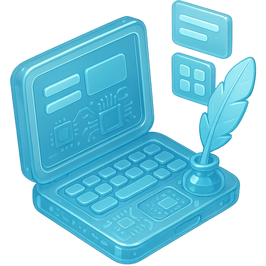 Flat icon of a laptop with a quill pen and content blocks, cyan blue emoji