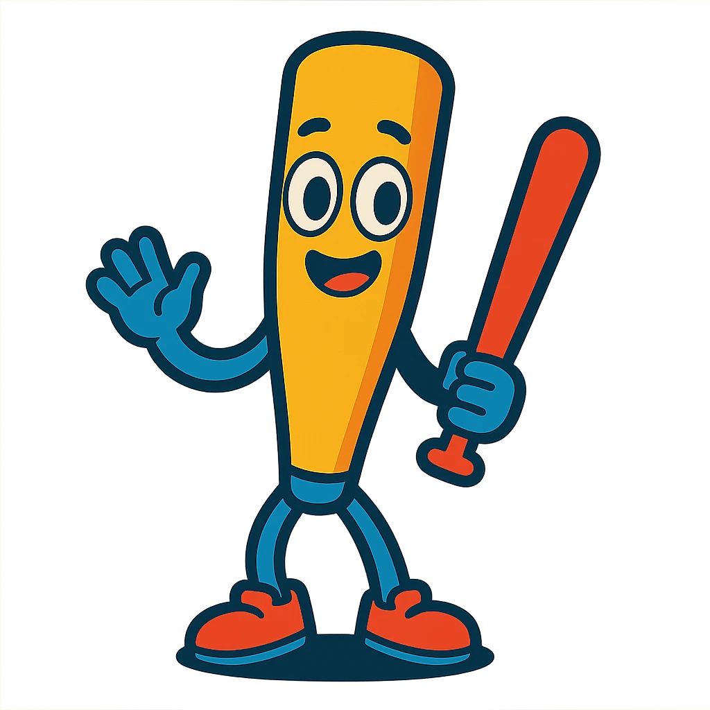 cute baseball bat with eyes, legs, and one hand holding a bat, friendly and approachable style emoji