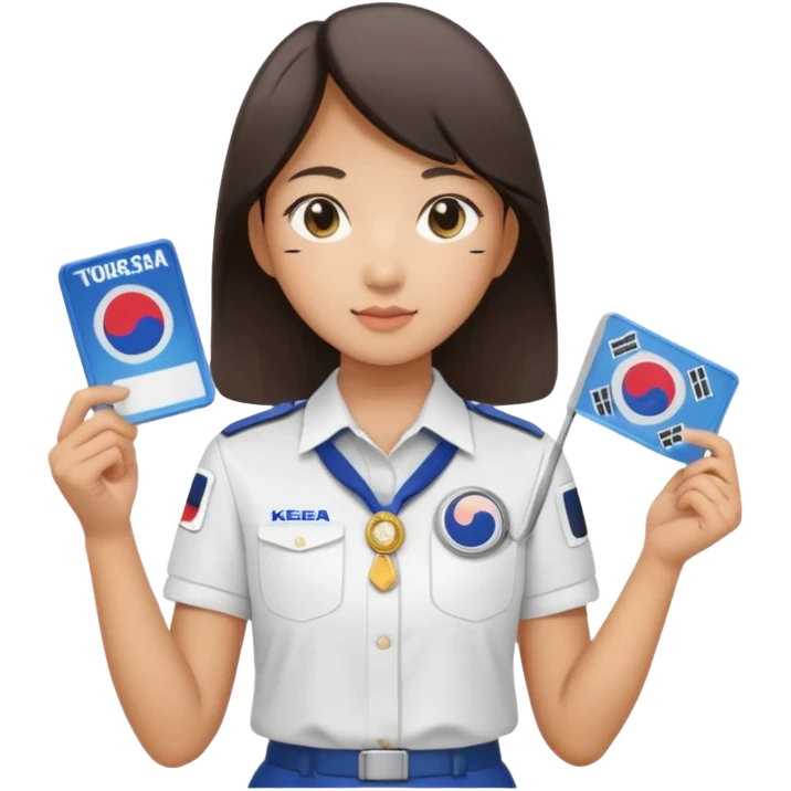 A young Asian guide holding her tour license in both hands, wearing a white shirt with the South Korea badge on her chest. emoji