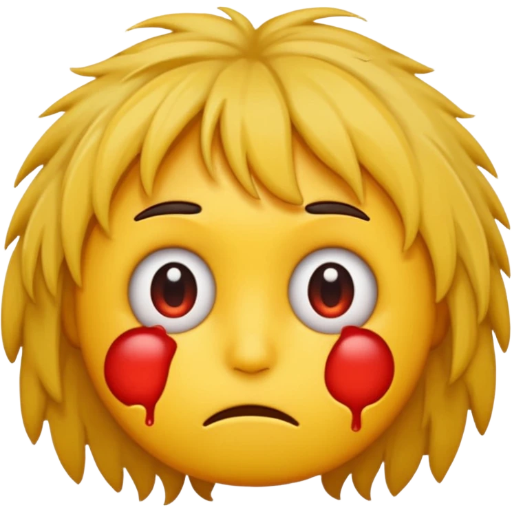 yellow emoji with big red eyes, looks like it hasn't slept for 2 days, tired, messy, dark circles under eyes emoji