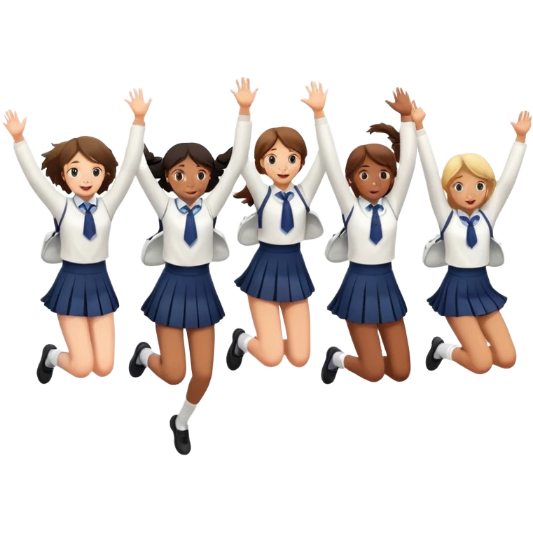 six girls in school uniforms jumping together emoji