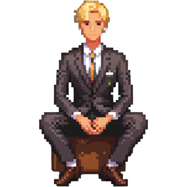 blonde businessman in suit sitting relaxed on vacation, resort background emoji