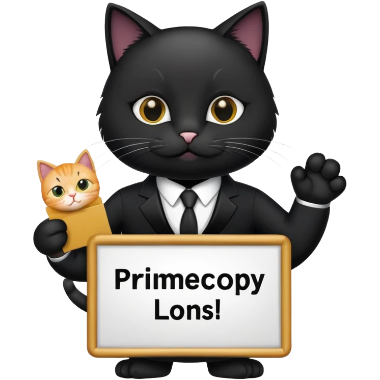 Cat in a black suit holding a sign with the inscription "PrimeCopy" emoji