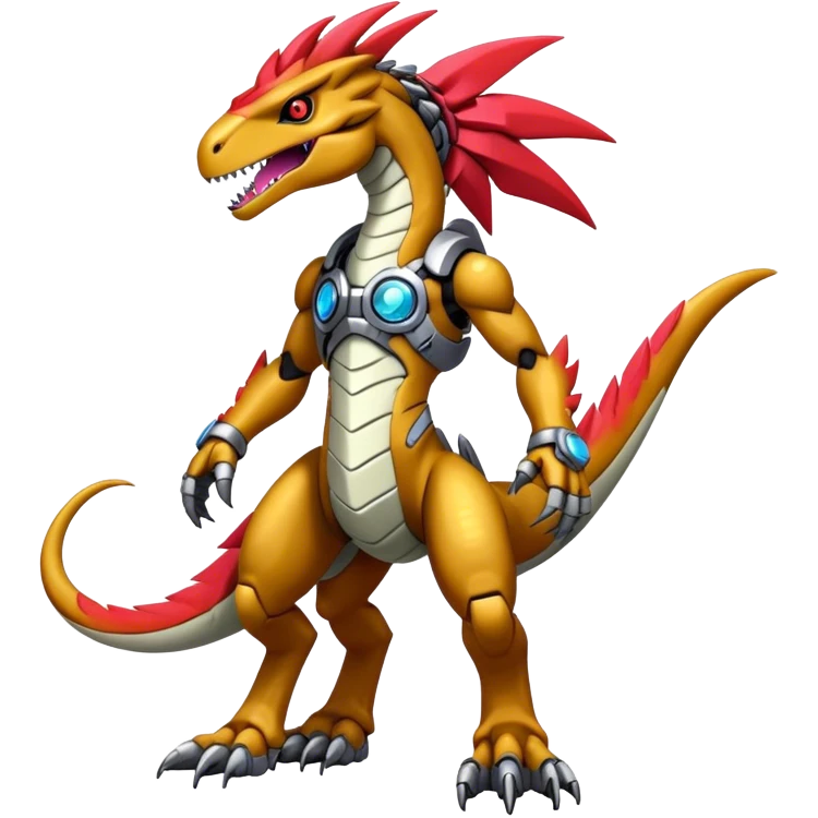 Furry maned Cool Edgy badass Futuristic shiny colorful cyborg-Digimon-Fakemon-Guilmon-Velociraptor-Mecha full body  emoji