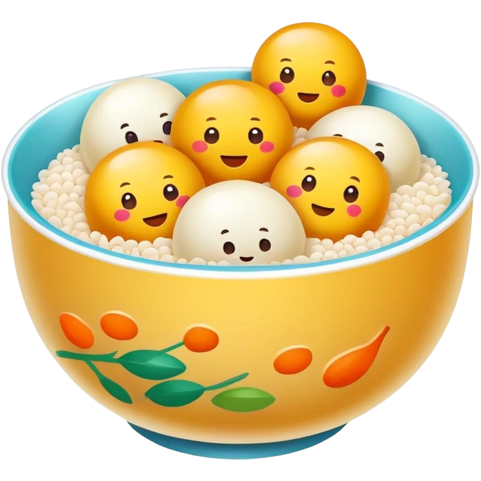 Sweet glutinous rice balls in syrup bowl with sesame, simplified emoji style with bold outlines and bright colors, cartoon style Tangyuan dessert snack emoji