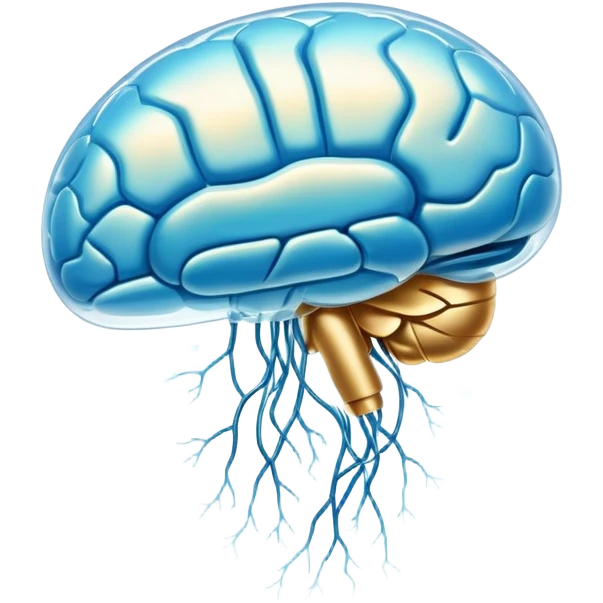 Shimmering pearlescent blue capsule floating in the foreground with an ethereal, glowing brain positioned behind it. Golden neural connections illuminate the brain. A small liver symbol nearby, all surrounded by a mystical aura of mental clarity emoji