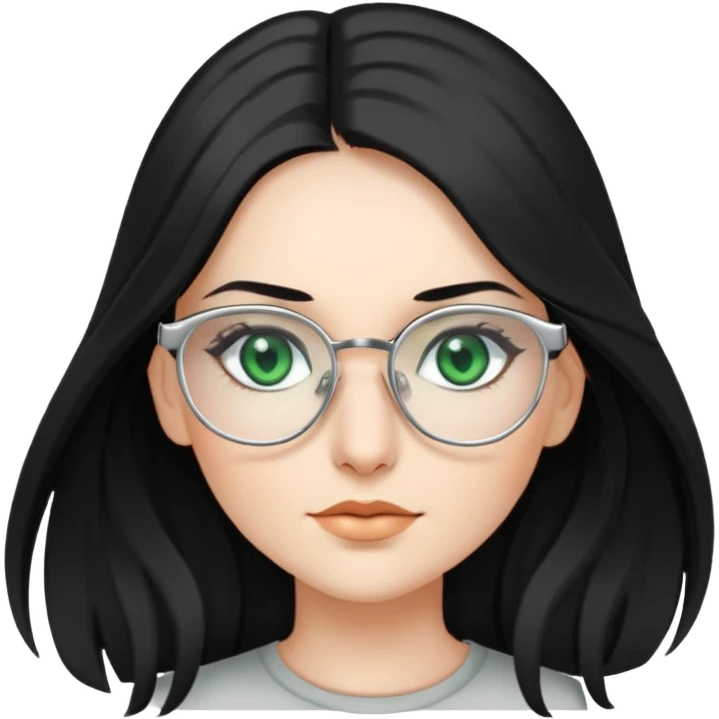 Woman with long, Black hair, Silver Glasses and with green eyes  emoji