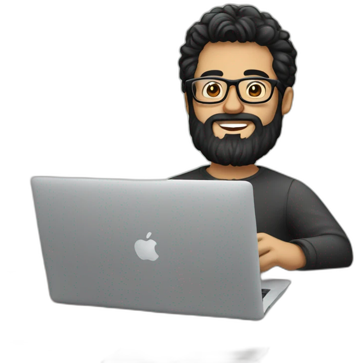 Designer with black hair, beard and glasses working with MacBook and drinking cappuccino  emoji