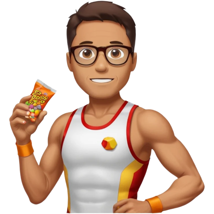 Ironman athletic built wearing a singlet, tan, sutro glasses, half tights, gels for running and loves recess pieces and watching tv but also a social worker emoji