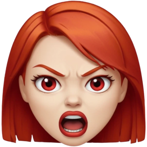 una chica con los labios y los ojos maquillados, de piel blanca con el pelo liso y corto y pelirrojo enojada gritando emoji