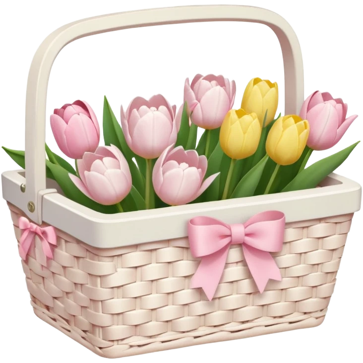 A white Picnic basket with light pink bow, white peonie, tulips emoji