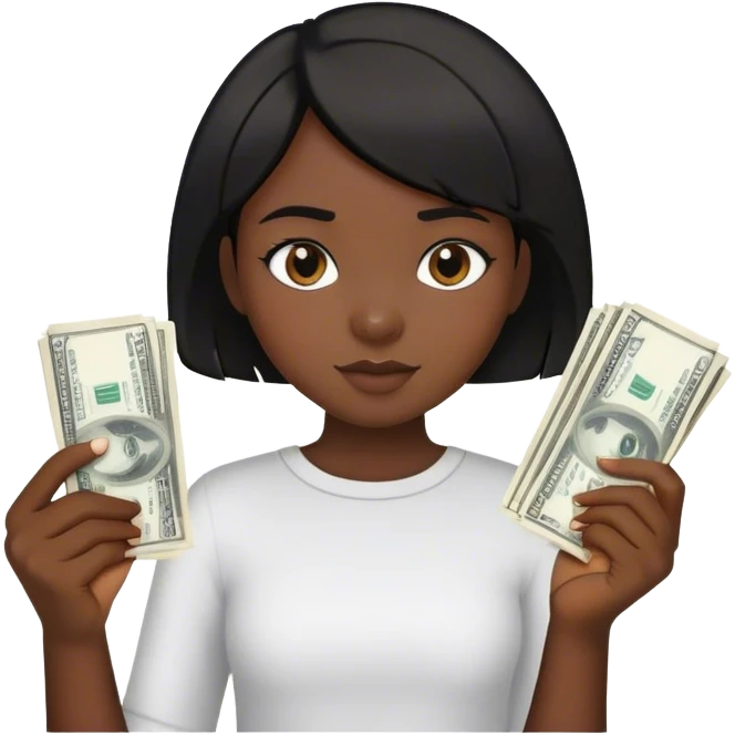 a young girl with dark skin and short black hair holding money and a glue stick in her hands emoji