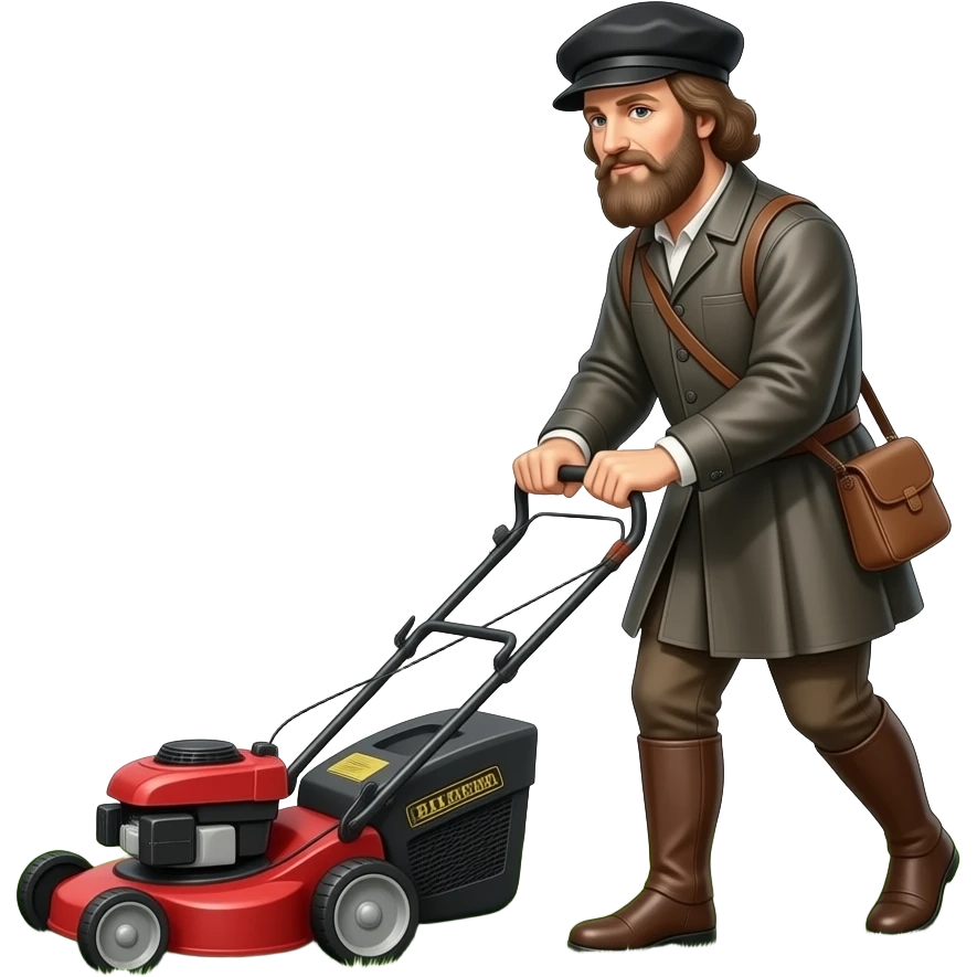 Leonardo da Vinci mowing the lawn with a lawn mower emoji