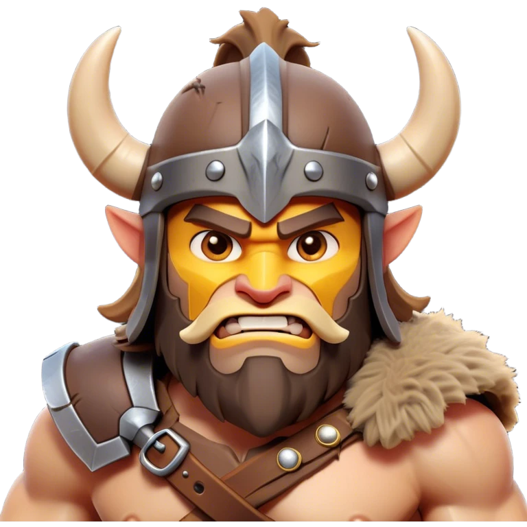 Clash of Clans style: Cinematic Fierce Barbarian Portrait Emoji, Poised and bold with a rugged, cartoonish build in tattered furs and a whimsical horned helmet, bright expressive eyes and a confident smirk, Simplified yet dynamic features, highly detailed, glowing with a vivid, adventurous aura, high shine, heroic and spirited, stylized with an air of medieval warrior charm, focused and energetic, soft glowing outline, capturing the essence of a fearless barbarian adventurer ready to lead his clan with spirited valor! emoji