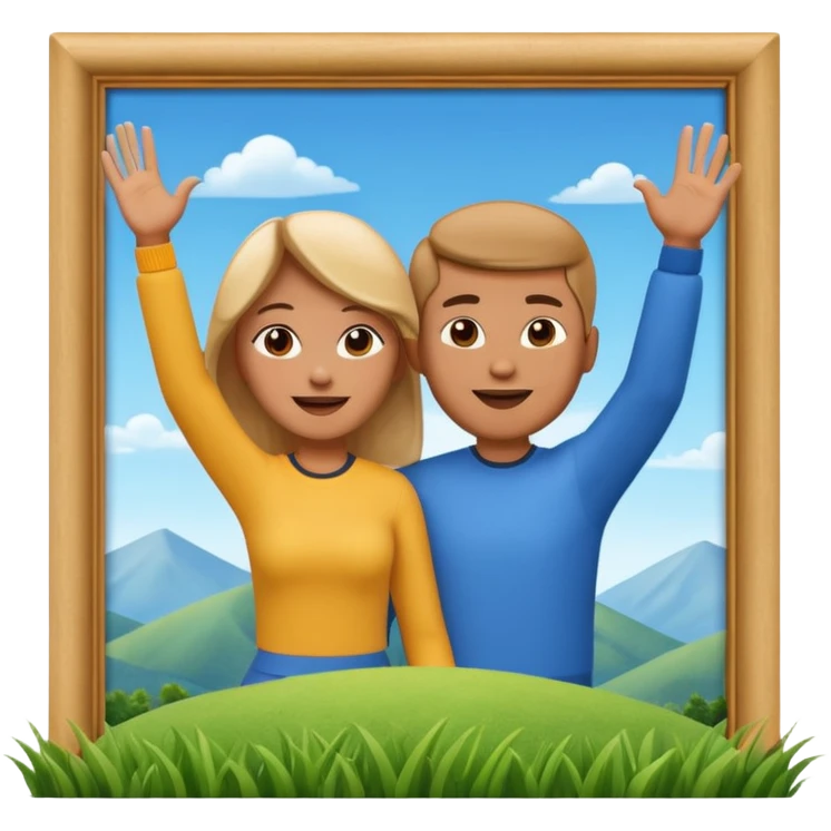 A 3D cartoon couple on top of a hill raising hands in victory, sunny sky and nature background, Memoji-style. inside photo frame. emoji